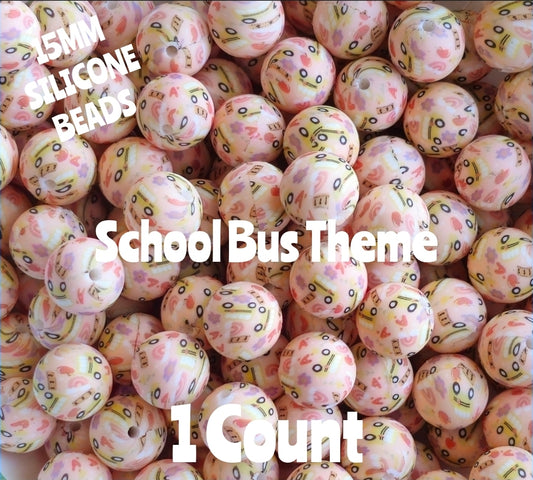 New 1 Count 15mm printed School Bus silicone bead