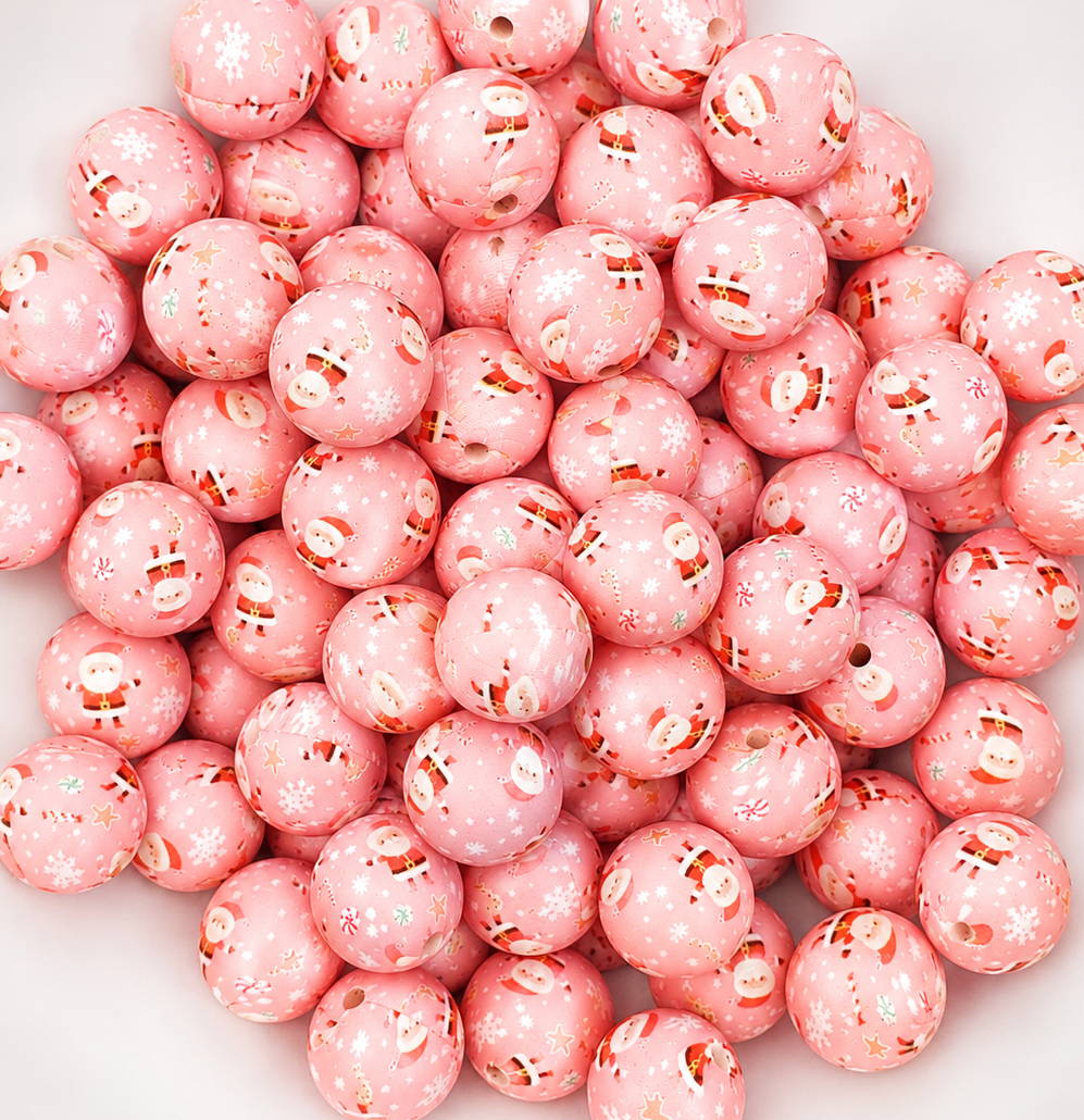 New 1 Count DIY Silicone Beads 15mm printed Christmas Pink Santa Candy Canes ❄️