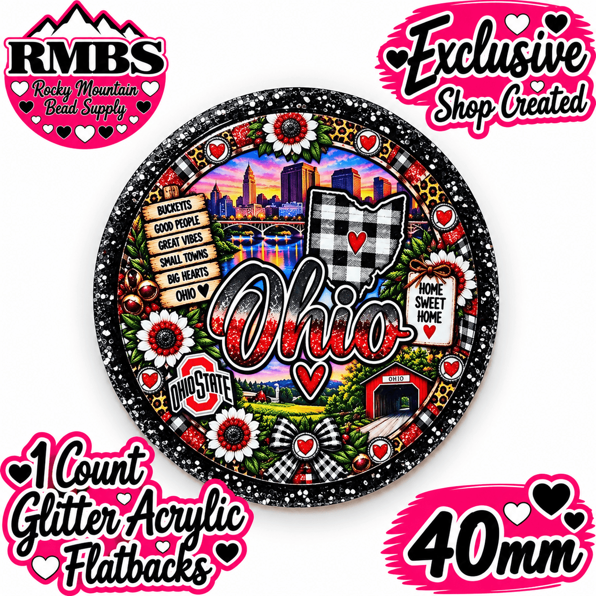 Exclusive 1 Count Custom Exclusive Glitter Acrylic Flatback 40mm STATE OHIO