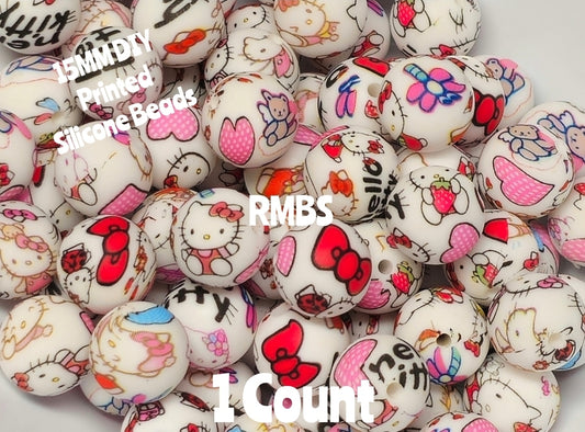 New 1 Count 15mm Printed Beads Character Hello Kitty Beads Craft Supplies