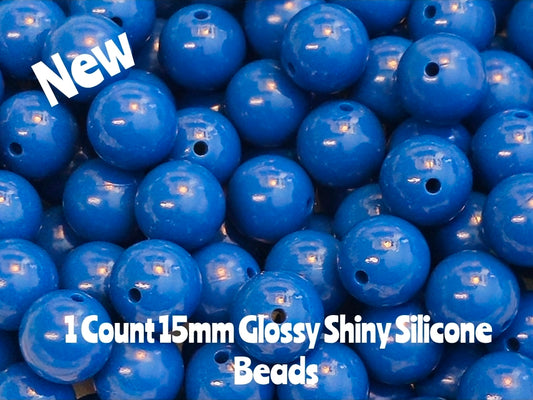 15mm DIY Silicone Beads Glossy Shiny Solids 1 Count Caribbean Blue