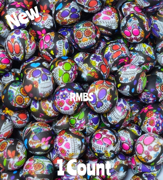 New 1 Count 15mm Printed Beads Halloween Sugar Skulls Beads Craft Supplies