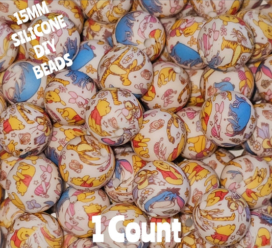 New 1 Count 15mm printed Pooh &Friends silicone bead