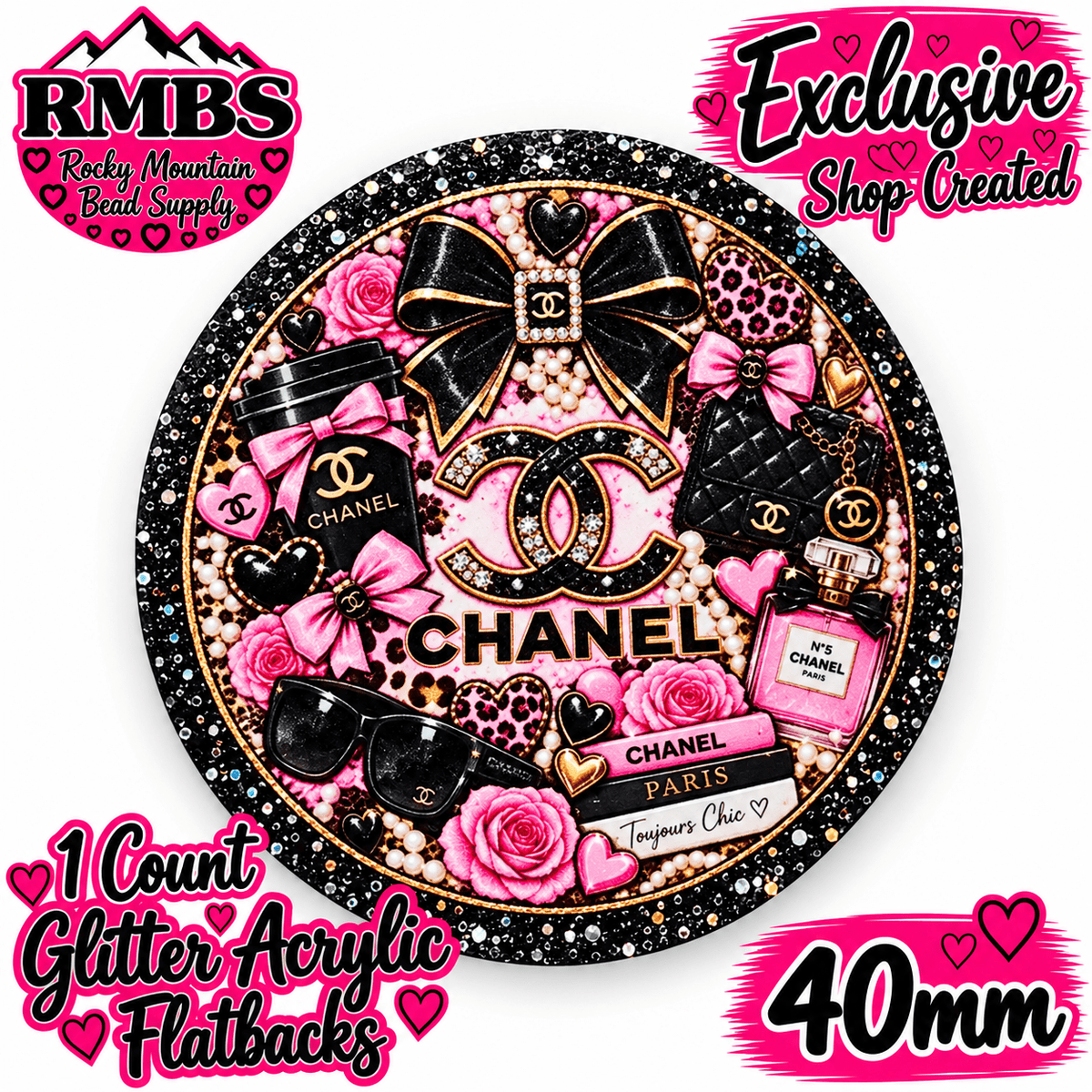 Exclusive 1 Count Custom Exclusive Glitter Acrylic Flatback 40mm CHANEL PINK & BLACK