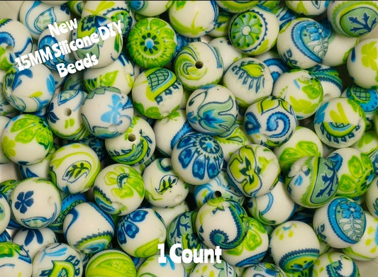 New 1 Count DIY Silicone Beads 15mm printed flowers paisley beadable accessories