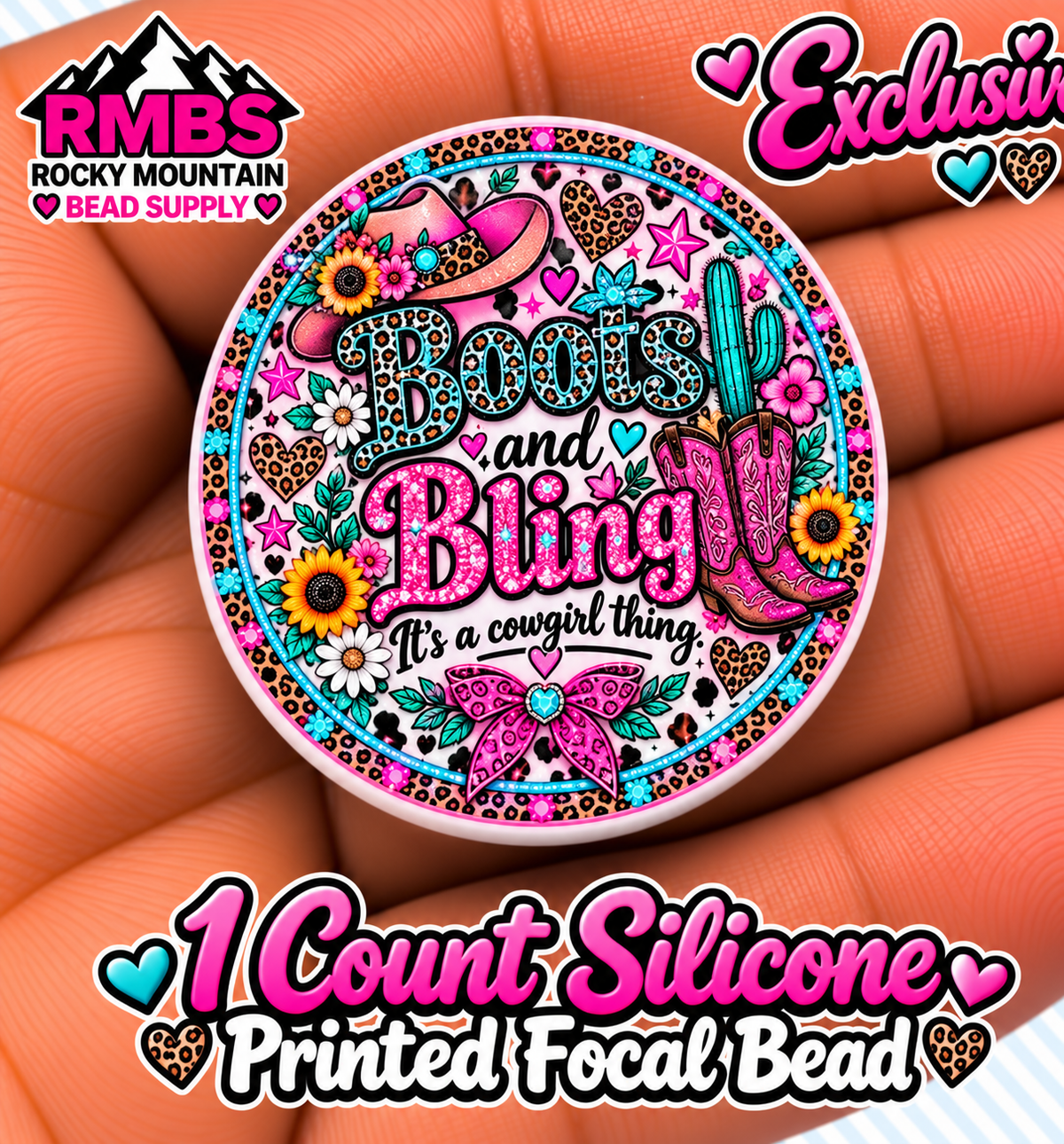 Exclusive 1 count PRINTED Silicone Focal Bead BOOTS & BLING