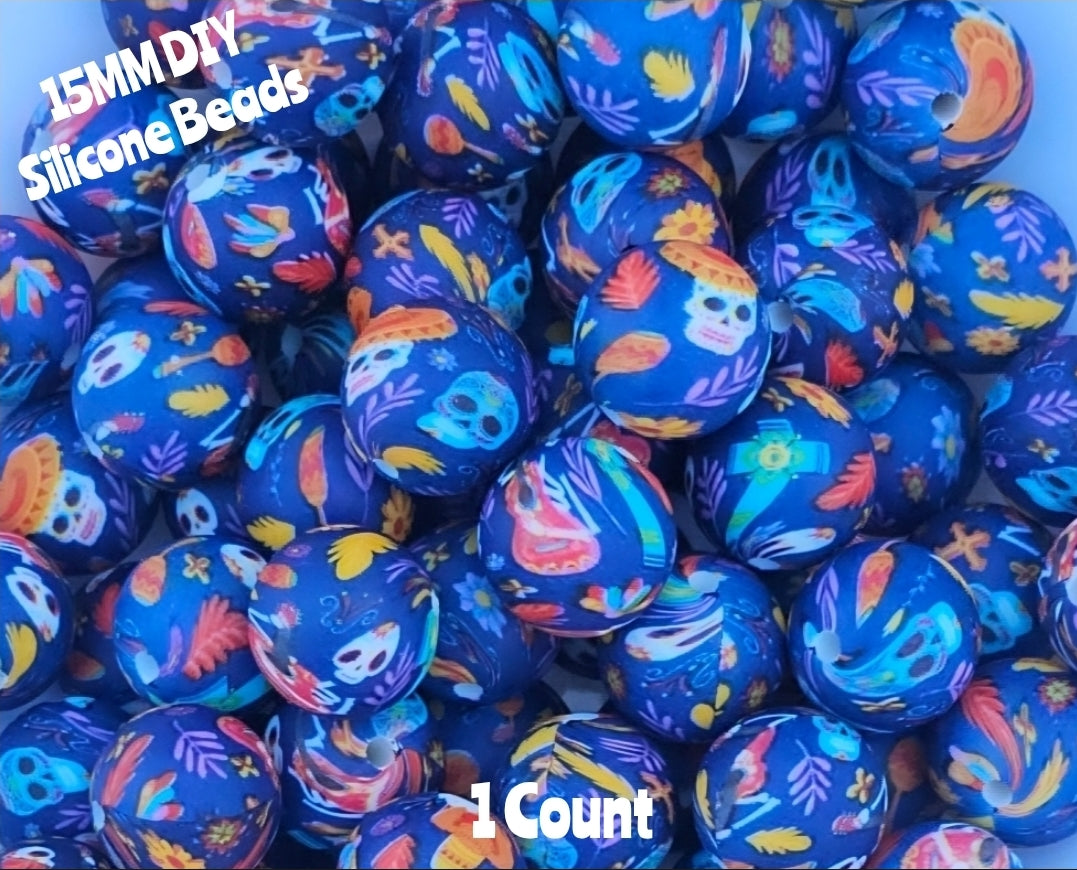 New 1 Count DIY Silicone Beads 15mm printed Bohemian Skulls Blue beadable accessories