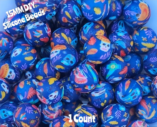 New 1 Count DIY Silicone Beads 15mm printed Bohemian Skulls Blue beadable accessories