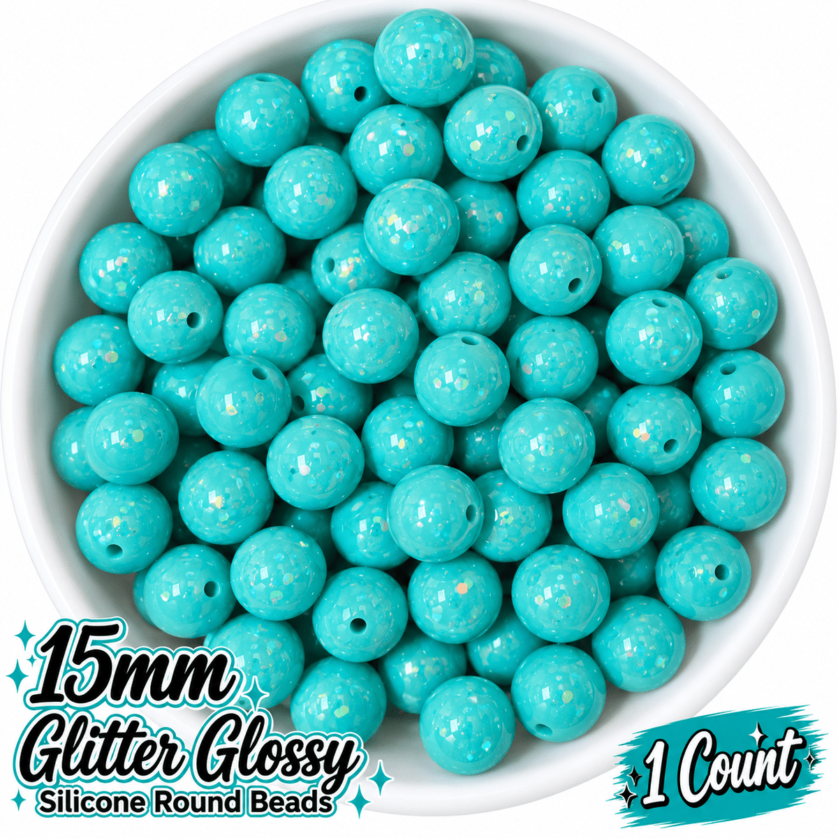 NEW Glitter 15mm DIY Silicone Beads Glossy Shiny Solids 1 Count TEAL