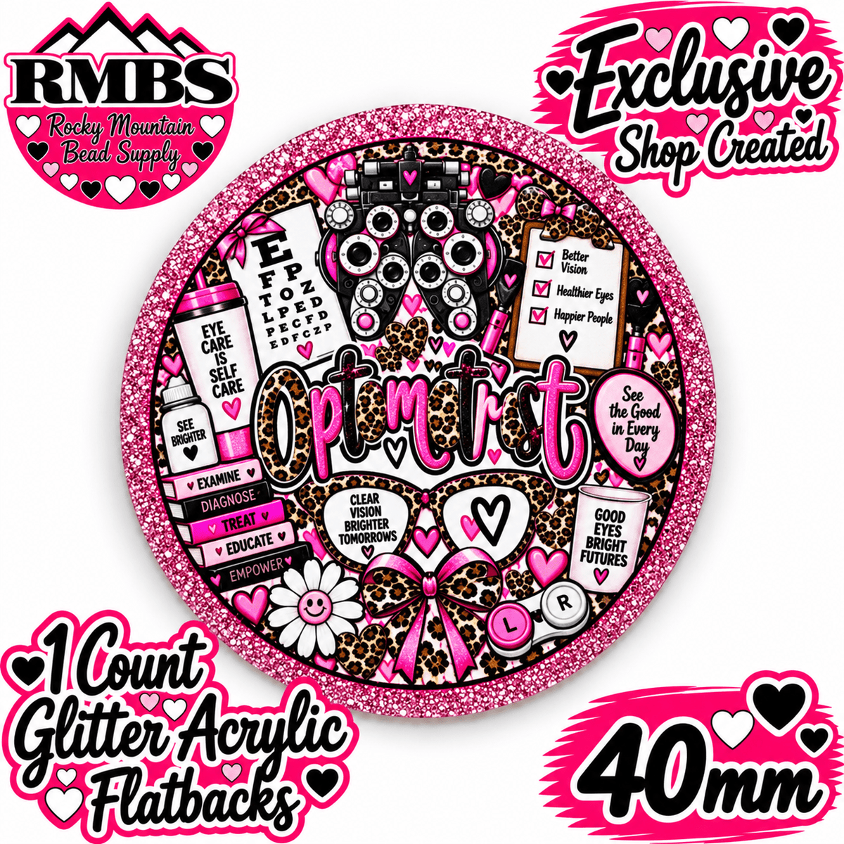Exclusive 1 Count Custom Exclusive Glitter Acrylic Flatback 40mm OPTOMETRIST 1