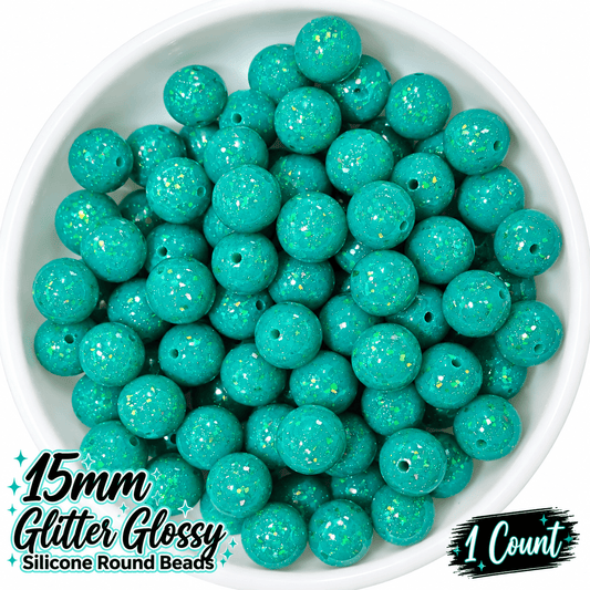NEW Glitter 15mm DIY Silicone Beads Glossy Shiny Solids 1 Count WINTERGREEN FOREST
