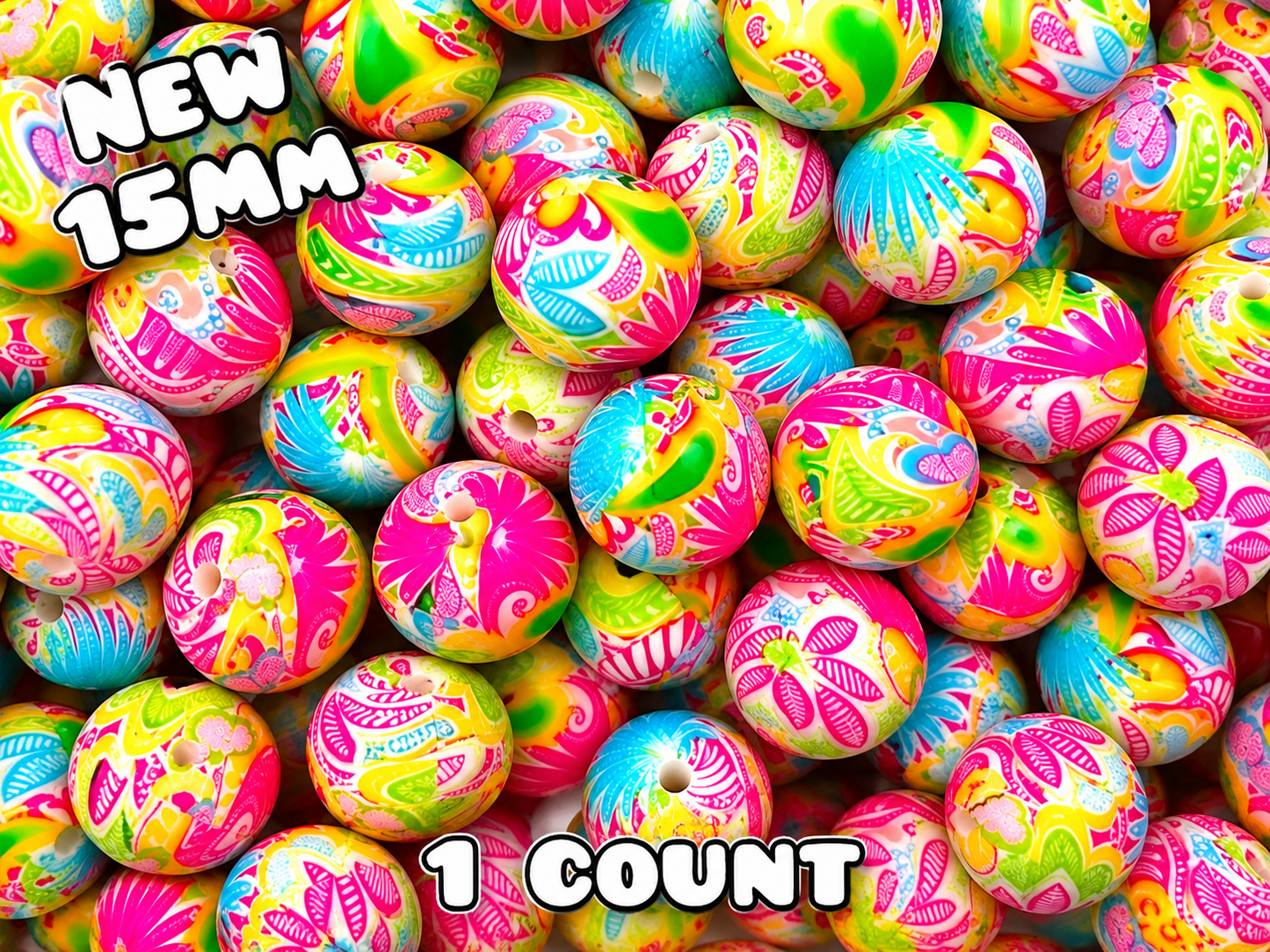 New 1 Count 15mm printed silicone beads Fiesta Flowers Bright
