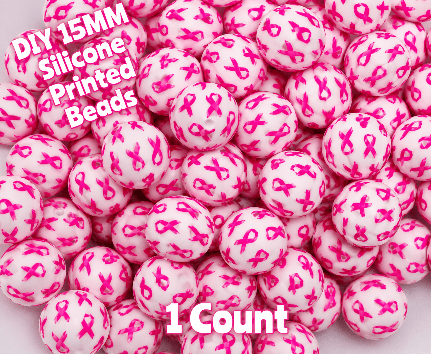 New 1 Count DIY Silicone Beads 15mm printed Breast Cancer Awareness