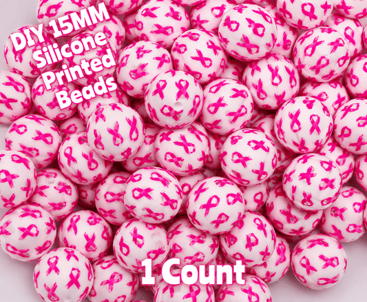 New 1 Count DIY Silicone Beads 15mm printed Breast Cancer Awareness
