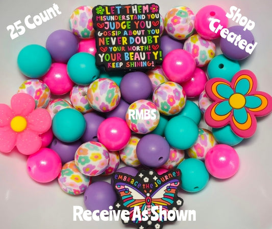 Inspirational Flower Silicone Bead Mix DIY Craft Supplies 25 Count 15mm