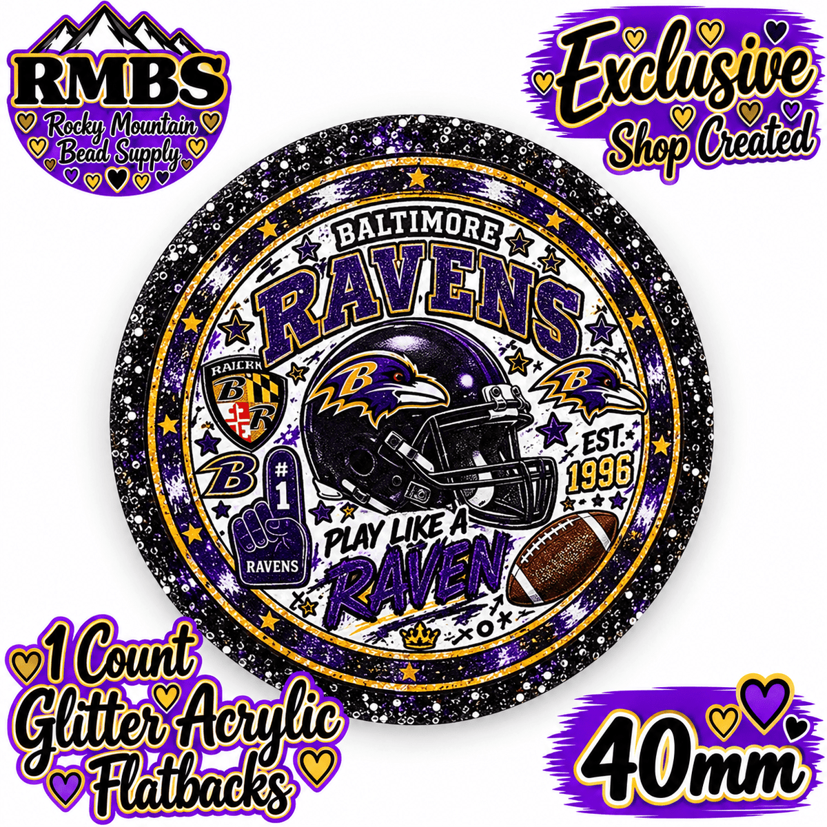 Exclusive 1 Count Custom Exclusive Glitter Acrylic Flatback 40mm RAVENS
