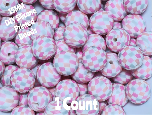 New 1 Count 15mm Printed Beads Pink Pastel Checkered DIY beads