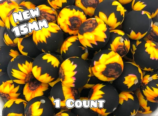 New 1 Count 15mm printed silicone beads Sunflower 🌻