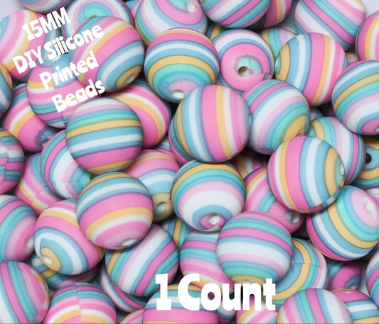 New 1 Count 15mm Printed Beads Multi Stripes  DIY beads