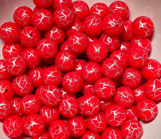 New 1 Count 15mm printed crackle red Silicone Beads