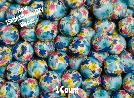 New 1 Count DIY Silicone Beads 15mm printed flowers beadable accessories