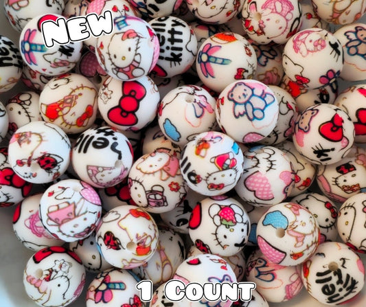New 1 Count DIY Silicone Beads 15mm printed Hello Kitty