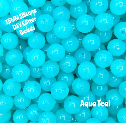 15mm DIY Silicone Beads Glitter 1 Count Aqua Teal
