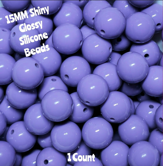 15mm DIY Silicone Beads Glossy Shiny Solids 1 Count Pastel Purple