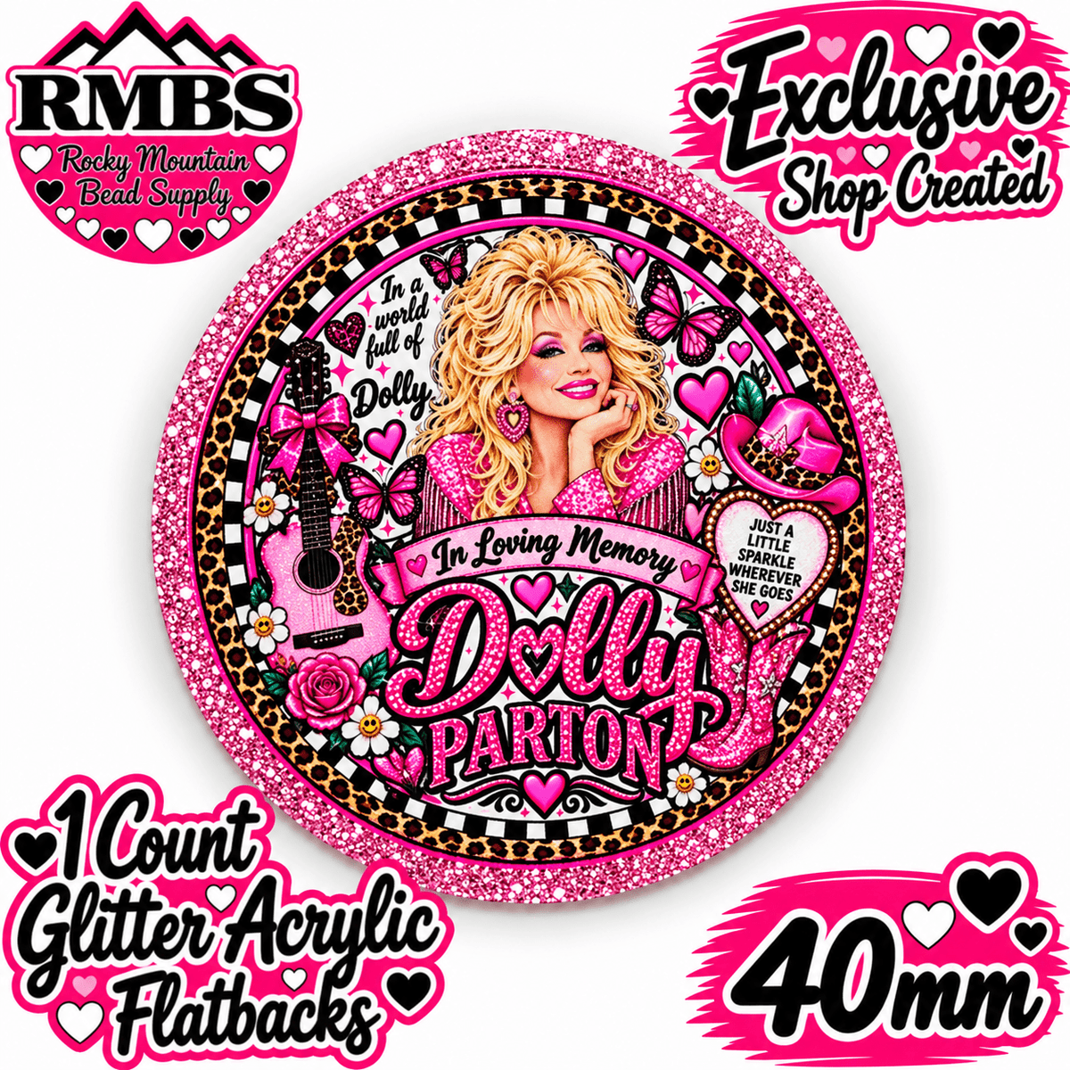 Exclusive 1 Count Custom Exclusive Glitter Acrylic Flatback 40mm DOLLY PARTON