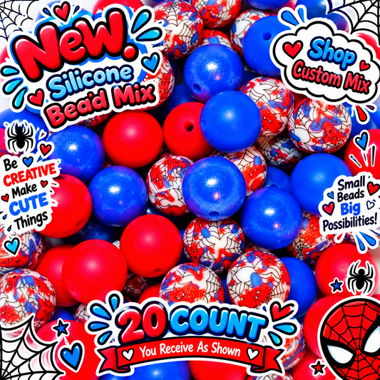 New 15mm Spiderman SILICONE Bead Mix 20 count. DIY Bead Craft Supplies