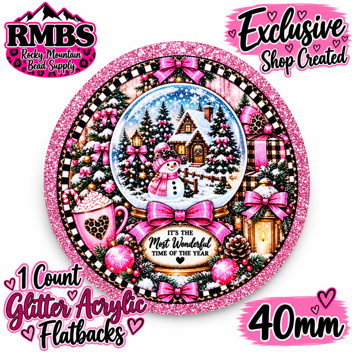 Exclusive 1 Count Custom Exclusive Glitter Acrylic Flatback 40mm MOST WONDERFUL TIME OF THE YEAR SNOWGLOBE