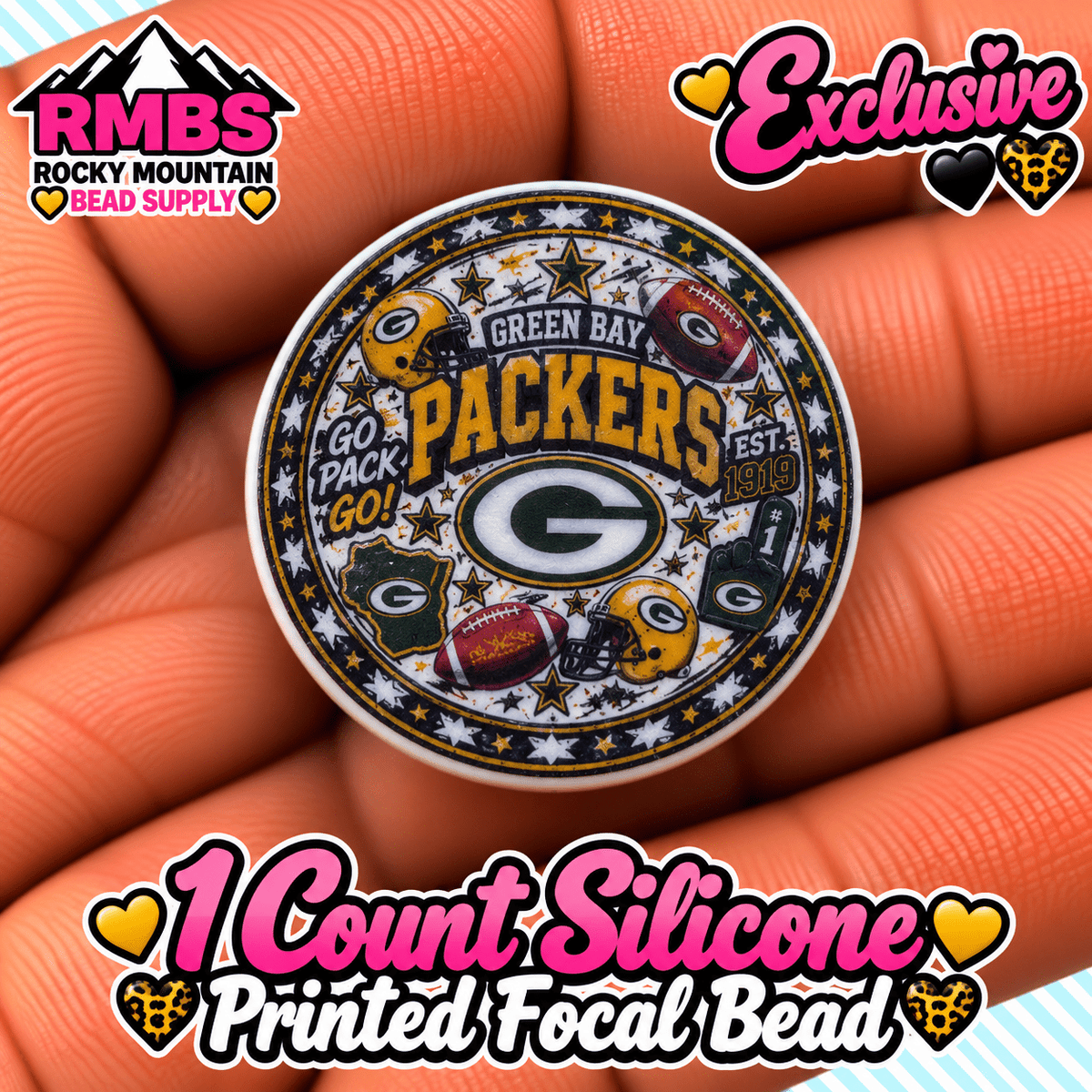 NEW Exclusive 1 count PRINTED Silicone Focal Bead FOOTBALL GREEN BAY
