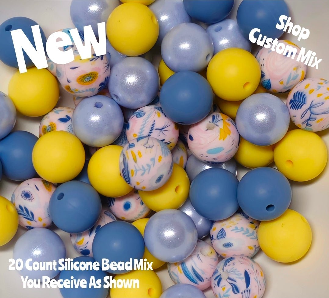 New 15mm Pastel Blue Floral SILICONE Bead Mix 20 count. DIY Bead Craft Supplies