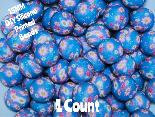 New 1 Count 15mm Printed Beads Blue Floral  DIY beads
