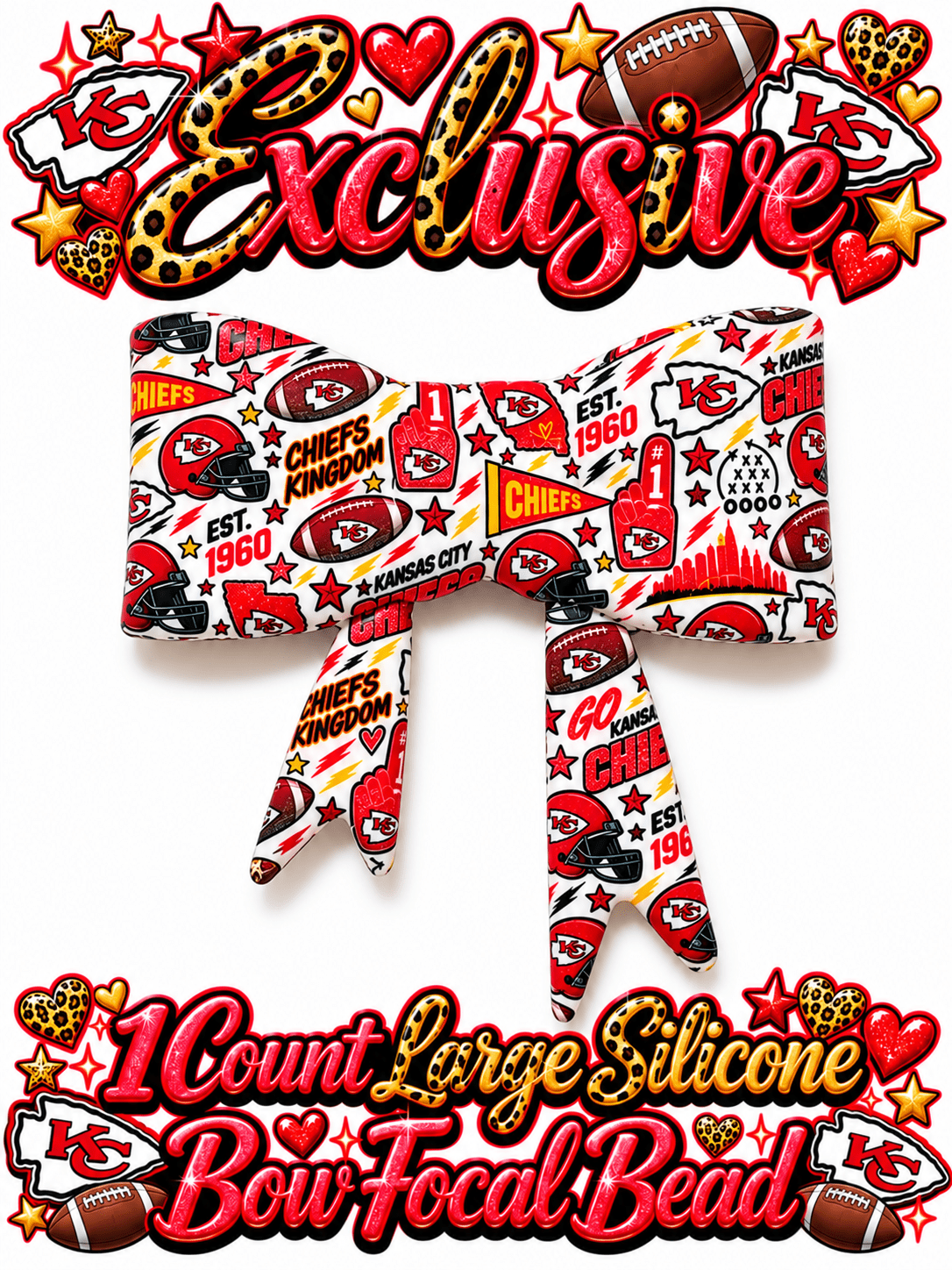 New Shop Exclusive 1 Count Large Silicone Bow FOOTBALL CHEIFS