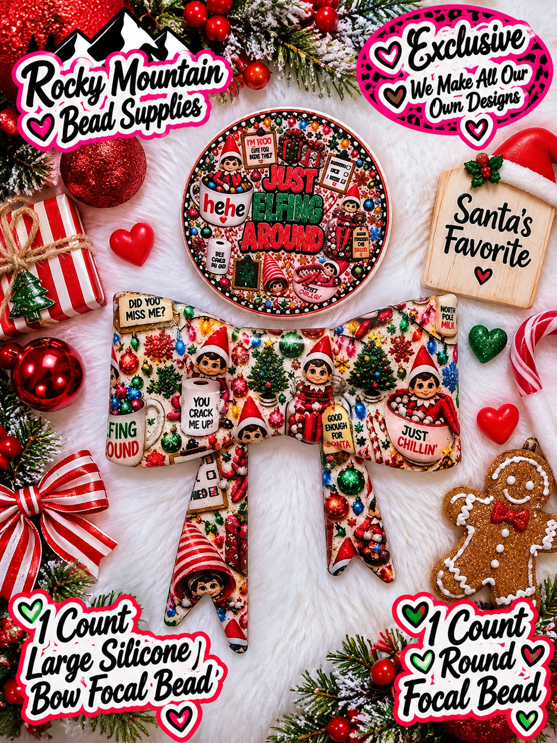 New Shop Exclusive 1 Count Large Silicone Bow 1 Count Focal Bead Round Elf on the shelf