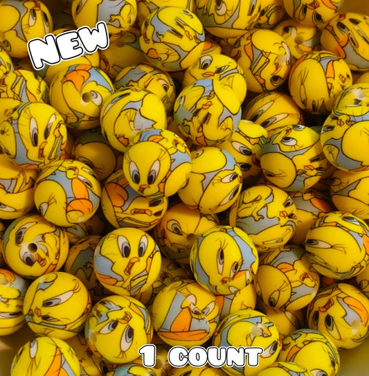 New 1 Count DIY Silicone Beads 15mm printed Tweety Bird