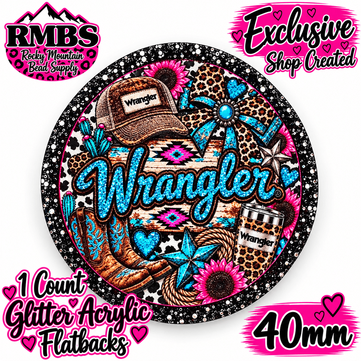Exclusive 1 Count Custom Exclusive Glitter Acrylic Flatback 40mm WRANGLER 2