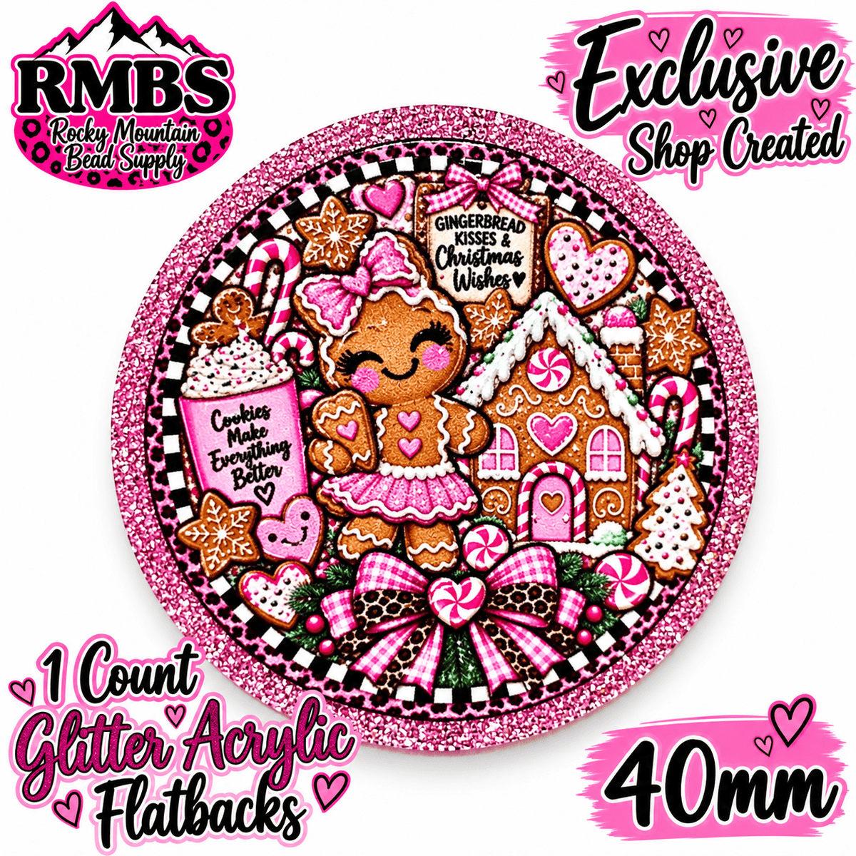 Exclusive 1 Count Custom Exclusive Glitter Acrylic Flatback 40mm PINK GINGER BREAD KISSES