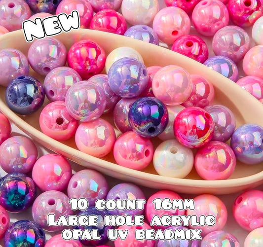 10 count 16MM Acrylic Opal UV Shimmer Bead Mix Pinks- Purples- White