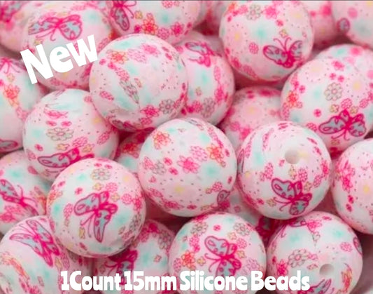 New 15mm 1 Count Pink Butterfly printed silicone bead