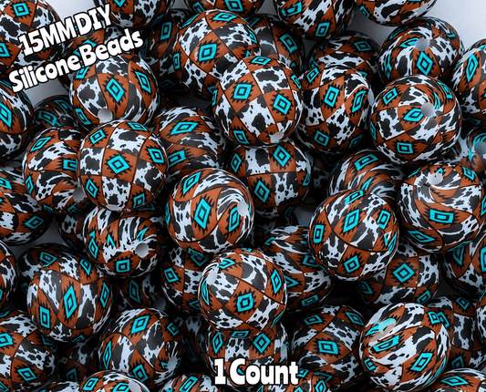 New 1 Count DIY Silicone Beads 15mm printed country cow Aztec beadable accessories