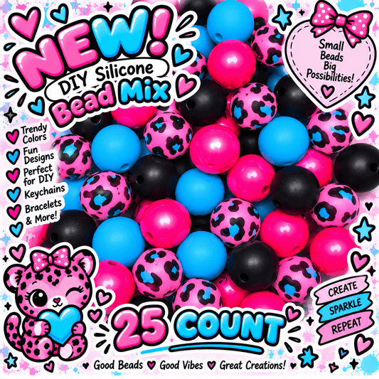 25 Count Silicone Bead Mix Opal Pink Blue Bold Lepord