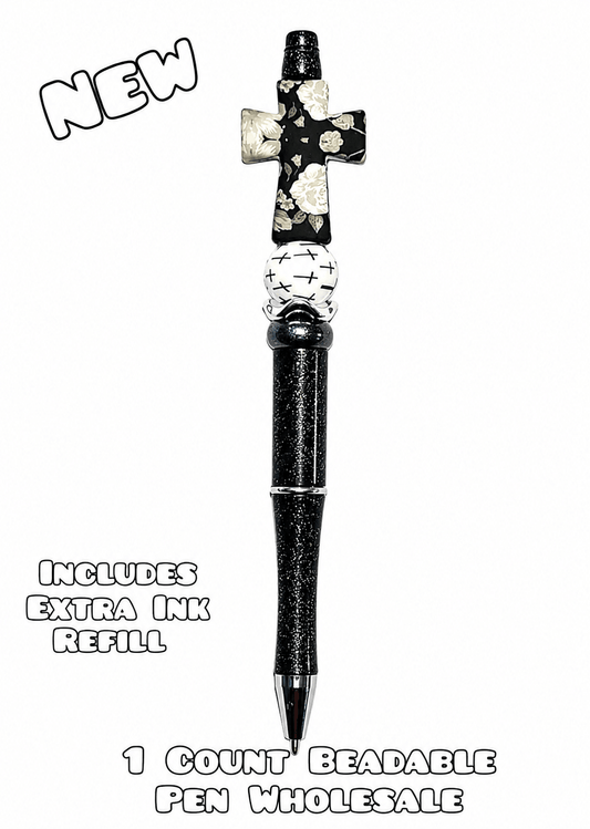 Wholesale Beadable Pens 1 Count Black Floral Cross Religious Style Completed Pen