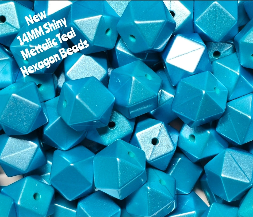 1 Count DIY Beads 14MM Mettalic TEAL Hexagon