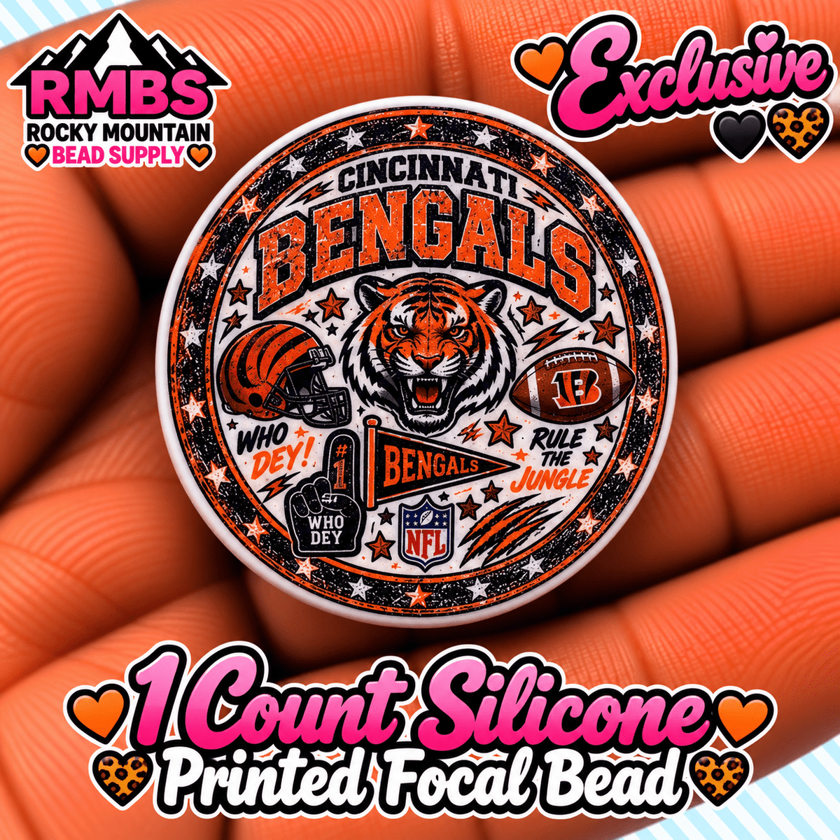 NEW Exclusive 1 count PRINTED Silicone Focal Bead FOOTBALL BENGALS