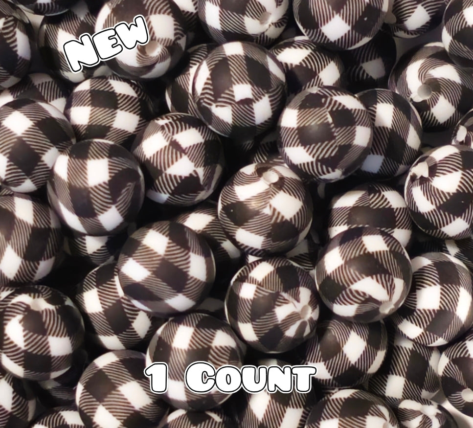 New 1 Count DIY Silicone Beads 15mm printed Black Plaid