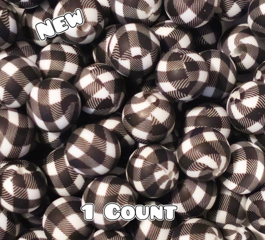 New 1 Count DIY Silicone Beads 15mm printed Black Plaid