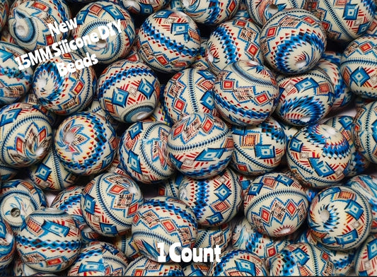 New 1 Count DIY Silicone Beads 15mm printed country Aztec tribal blues beadable accessories