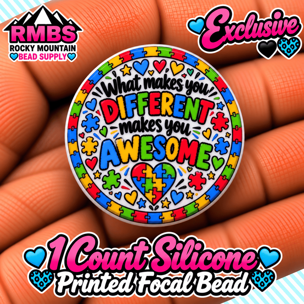 NEW Exclusive 1 count PRINTED Silicone Focal Bead AUTISM